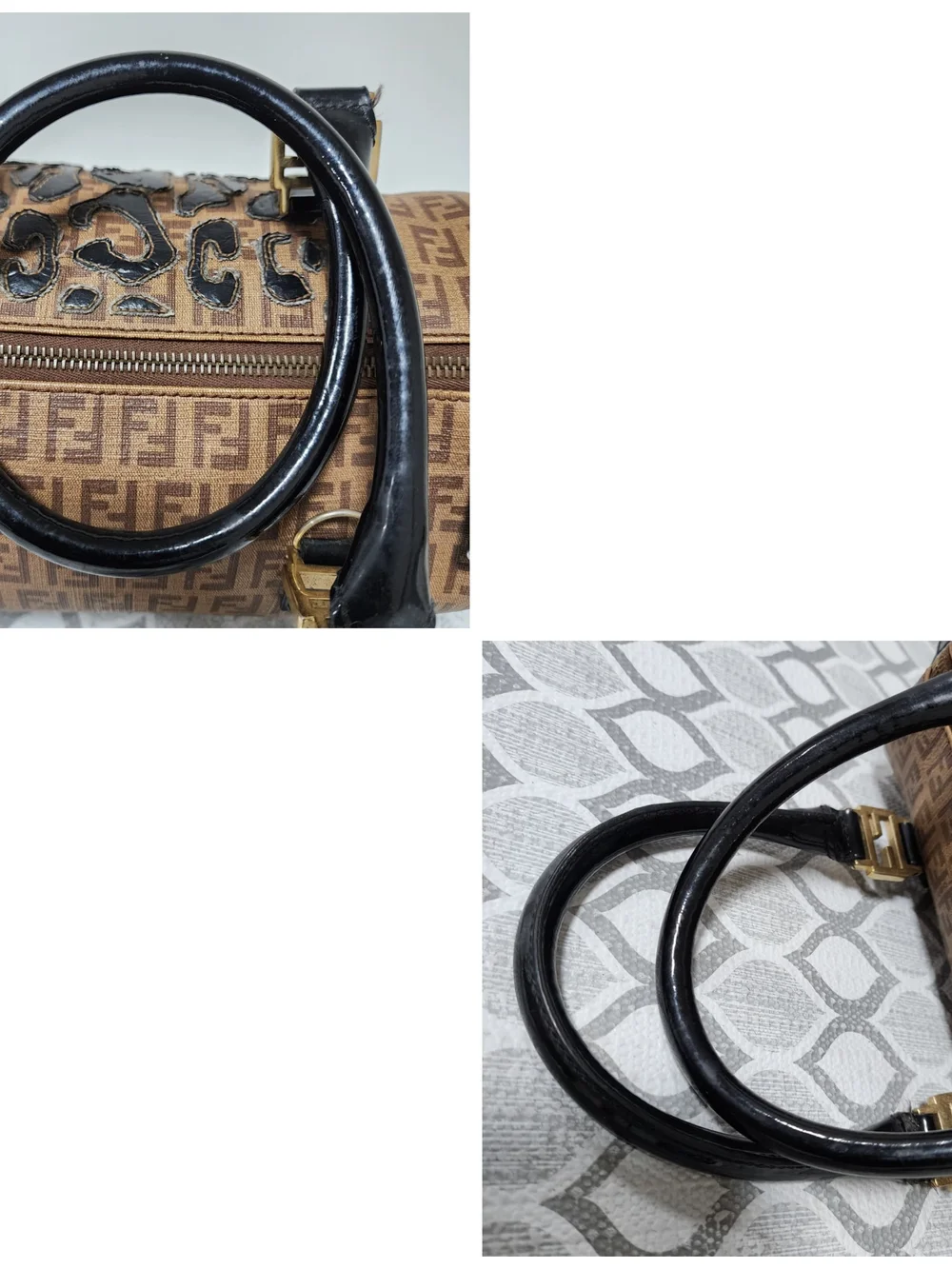 Fendi Zucchino Coated Canvas And Patent Leather Boston Bag Brown/Black